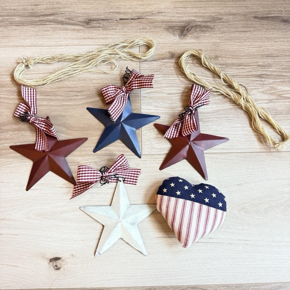 American Metal Stars To Hang On String Flag Heart Pillow Patriotic Americana